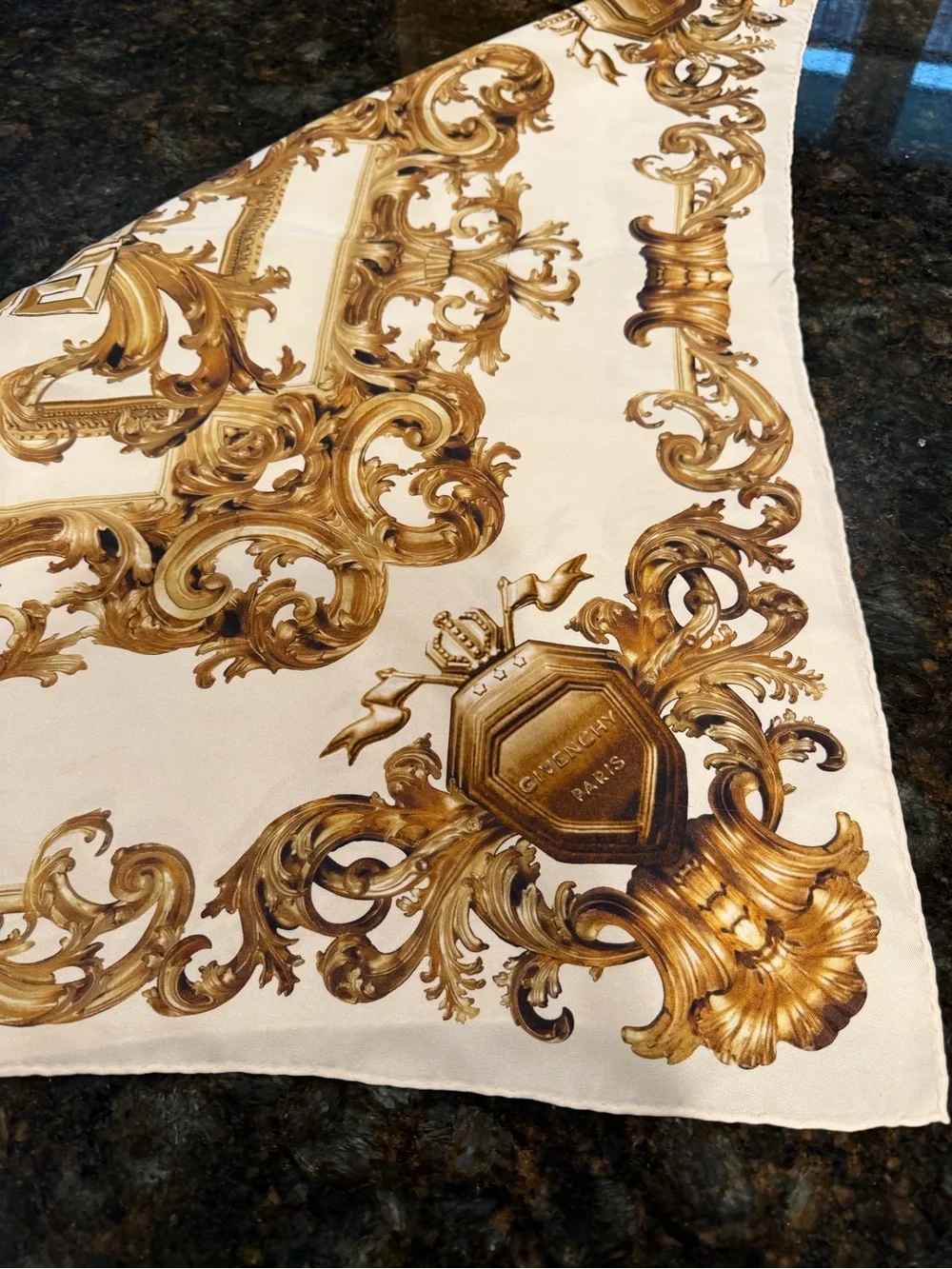 Authentic Givenchy Elegant Cream & Gold Baroque Silk Scarf